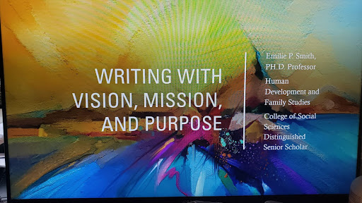 Title screen of a consultant talk: Writing with vision, mission, and purpose